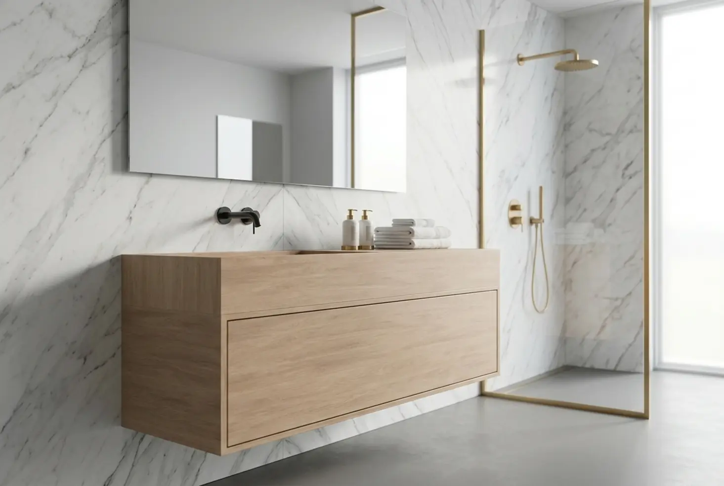 Baño de lujo con paredes de mármol y detalles en dorado