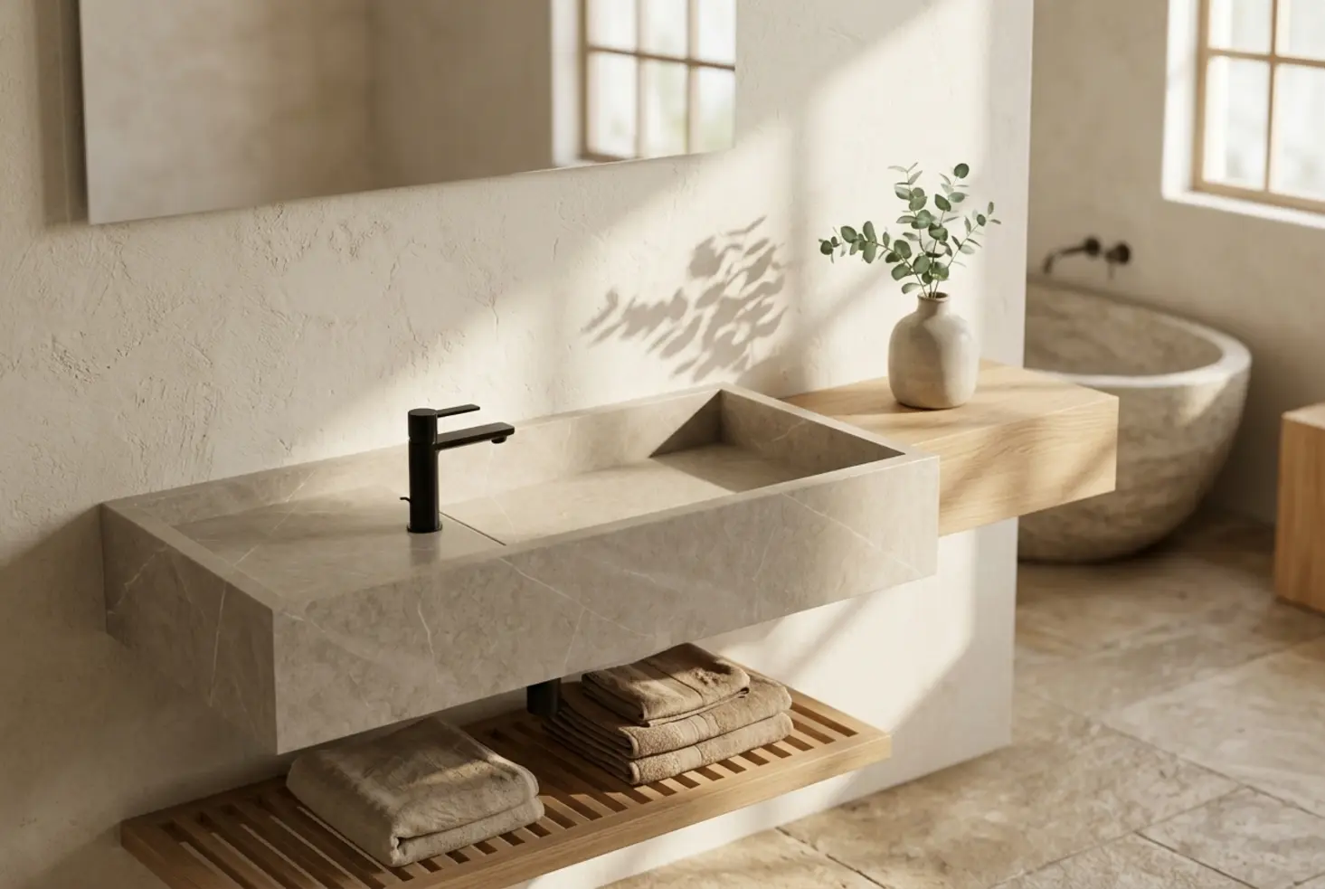 Ambiente de baño cálido con texturas naturales y luz solar suave