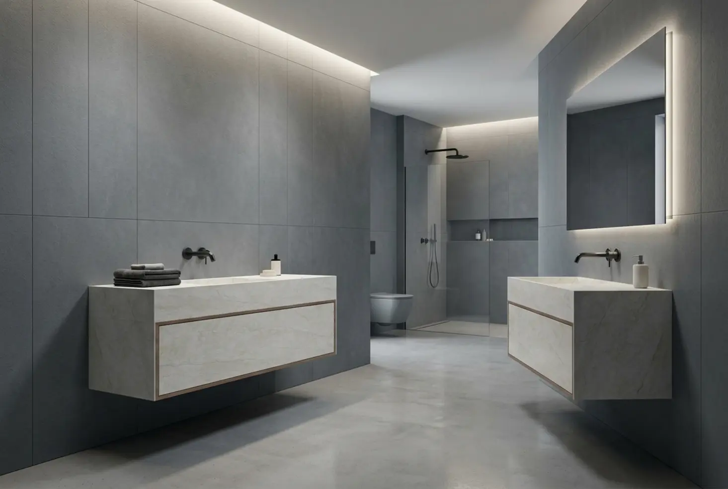 Mueble lavabo suspendido con acabado en mármol en un baño minimalista de diseño industrial