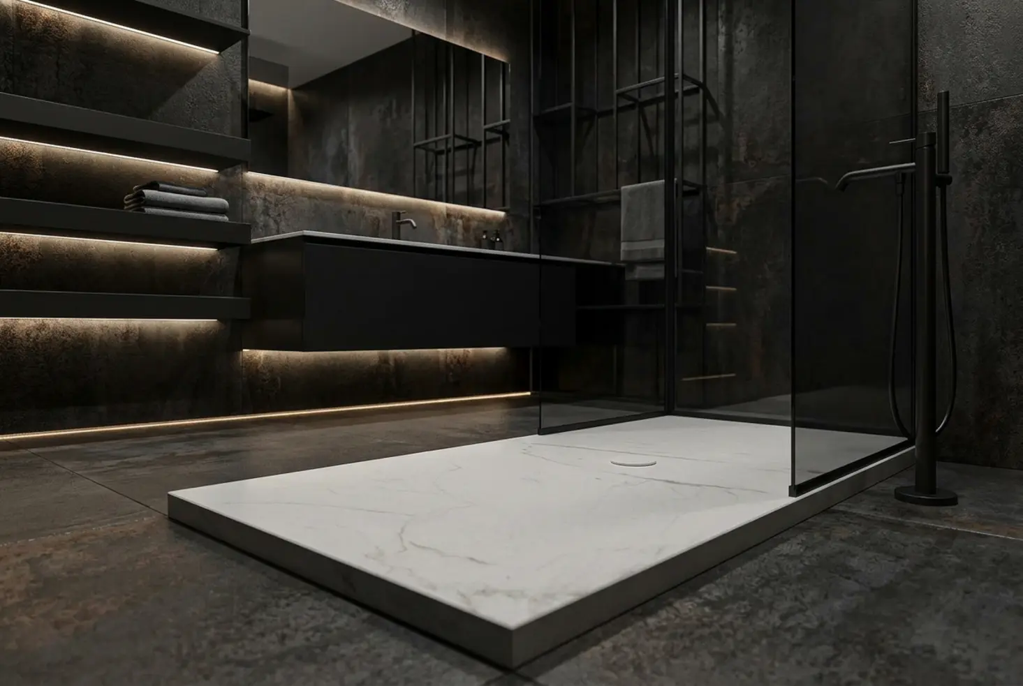 Detalle de baño moderno con superficies tecnológicas resistentes de alta gama