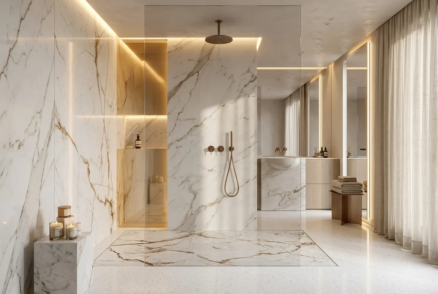 Baño de lujo con plato de ducha integrado y paredes de gran formato tipo porcelánico