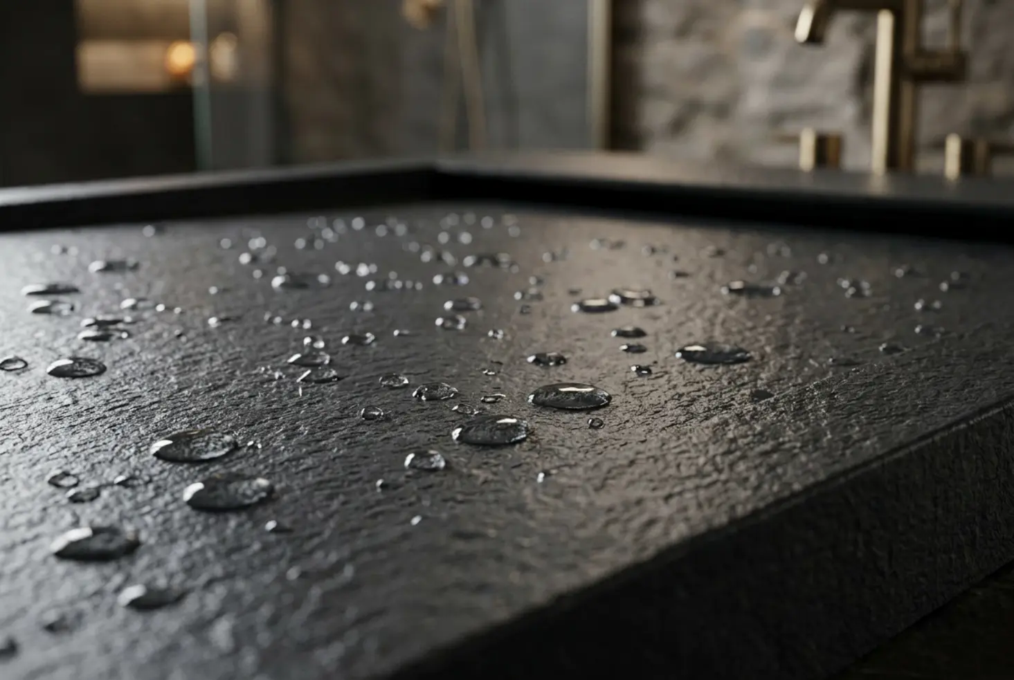 Primer plano de la textura pizarra antideslizante de un plato de ducha de resina de alta calidad