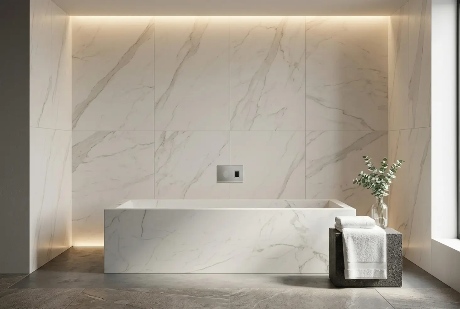 Diseño de baño tipo spa con acabados porcelánicos de lujo