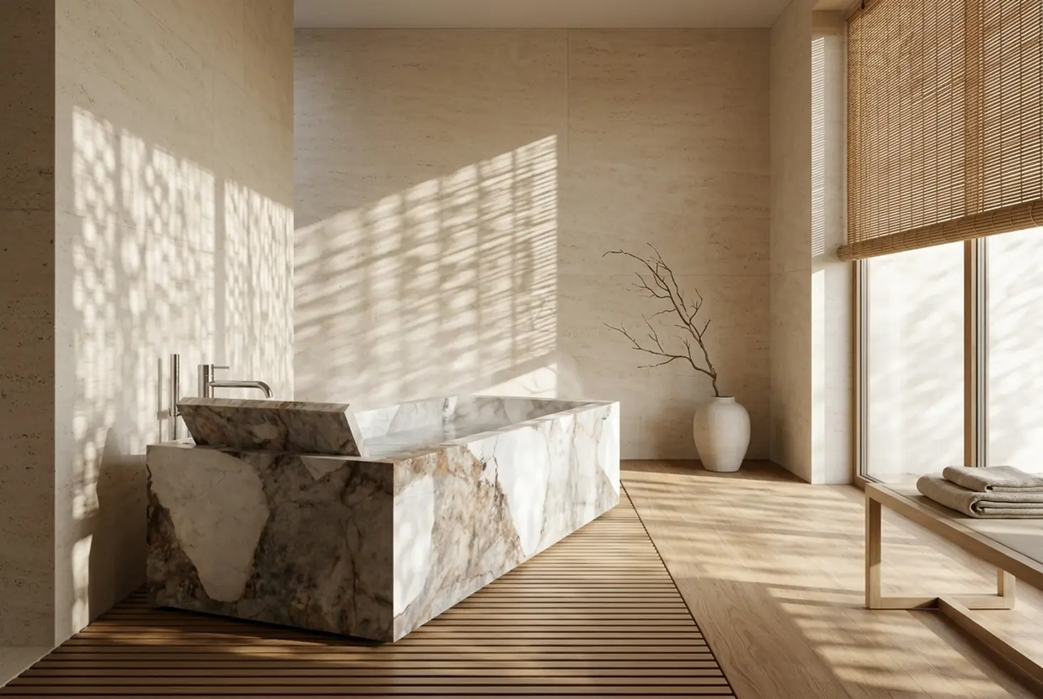 Interior de baño estilo Japandi con bañera de mármol de lujo y decoración zen minimalista