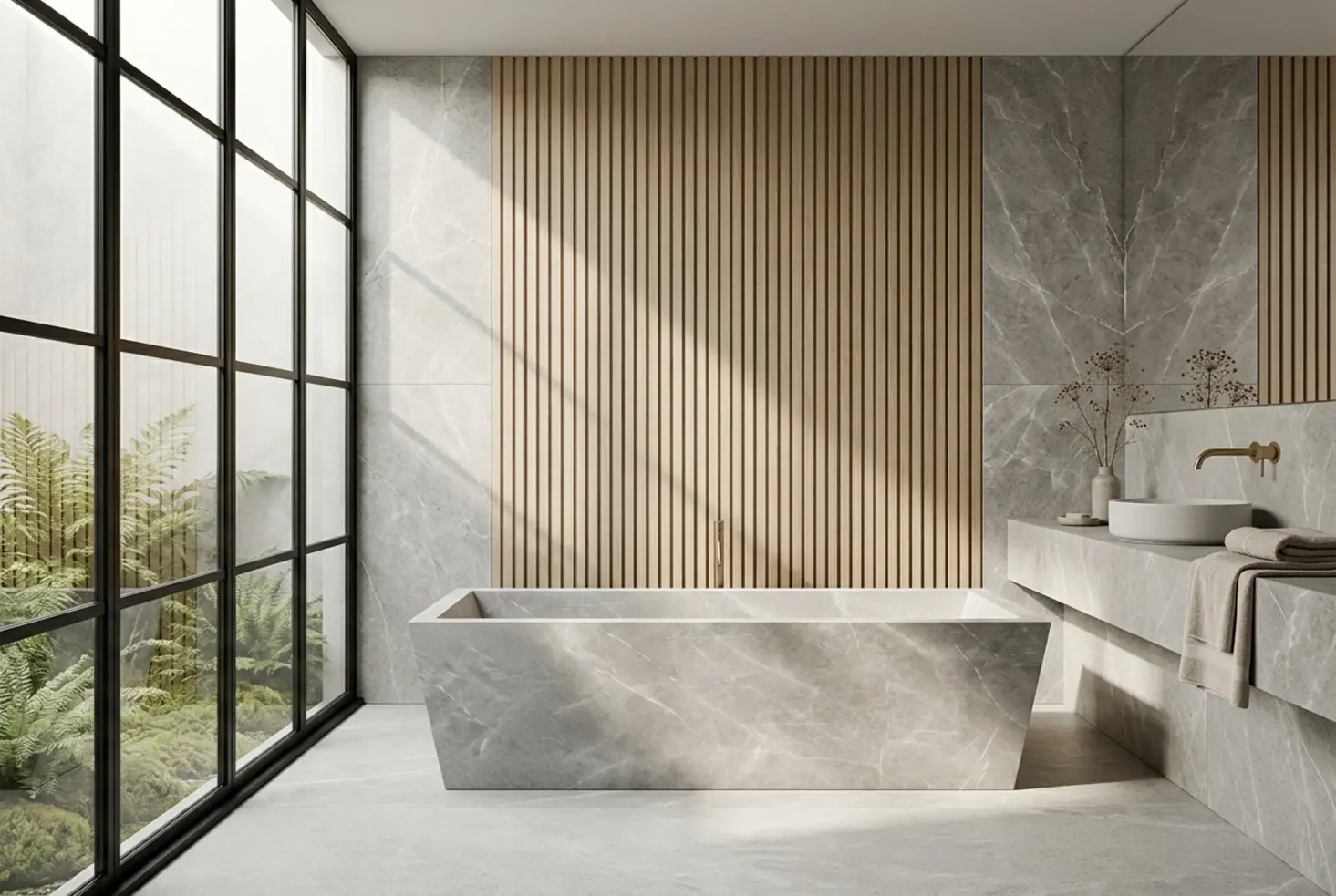 Ambiente de baño sereno con paredes de granito gris y luz natural
