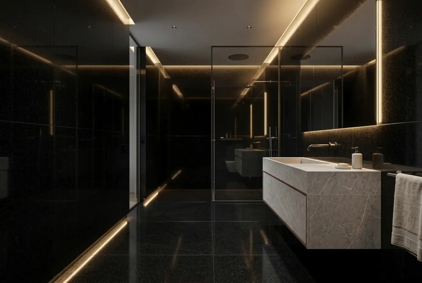 Cuarto de baño de lujo con paredes y suelo de granito negro e iluminación LED integrada