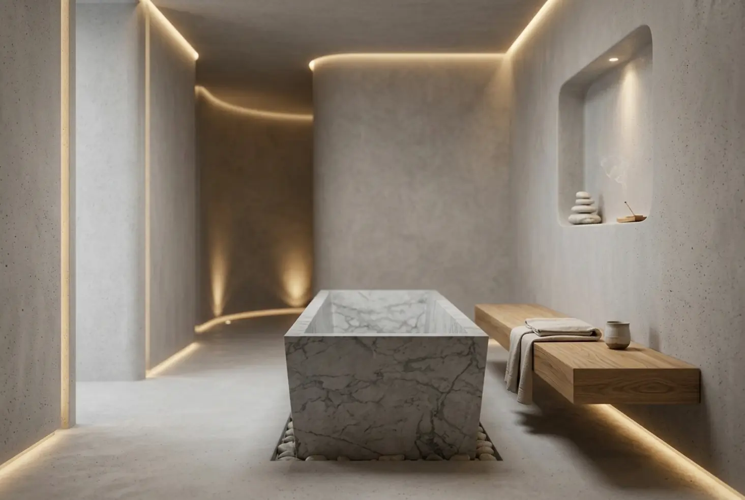 Espacio de baño tipo spa con acabados en microcemento gris claro