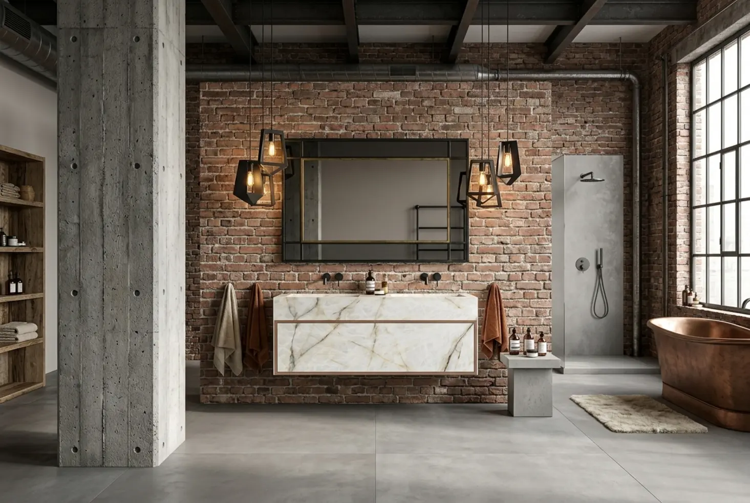 Baño de estilo industrial con elementos estructurales de hormigón visto