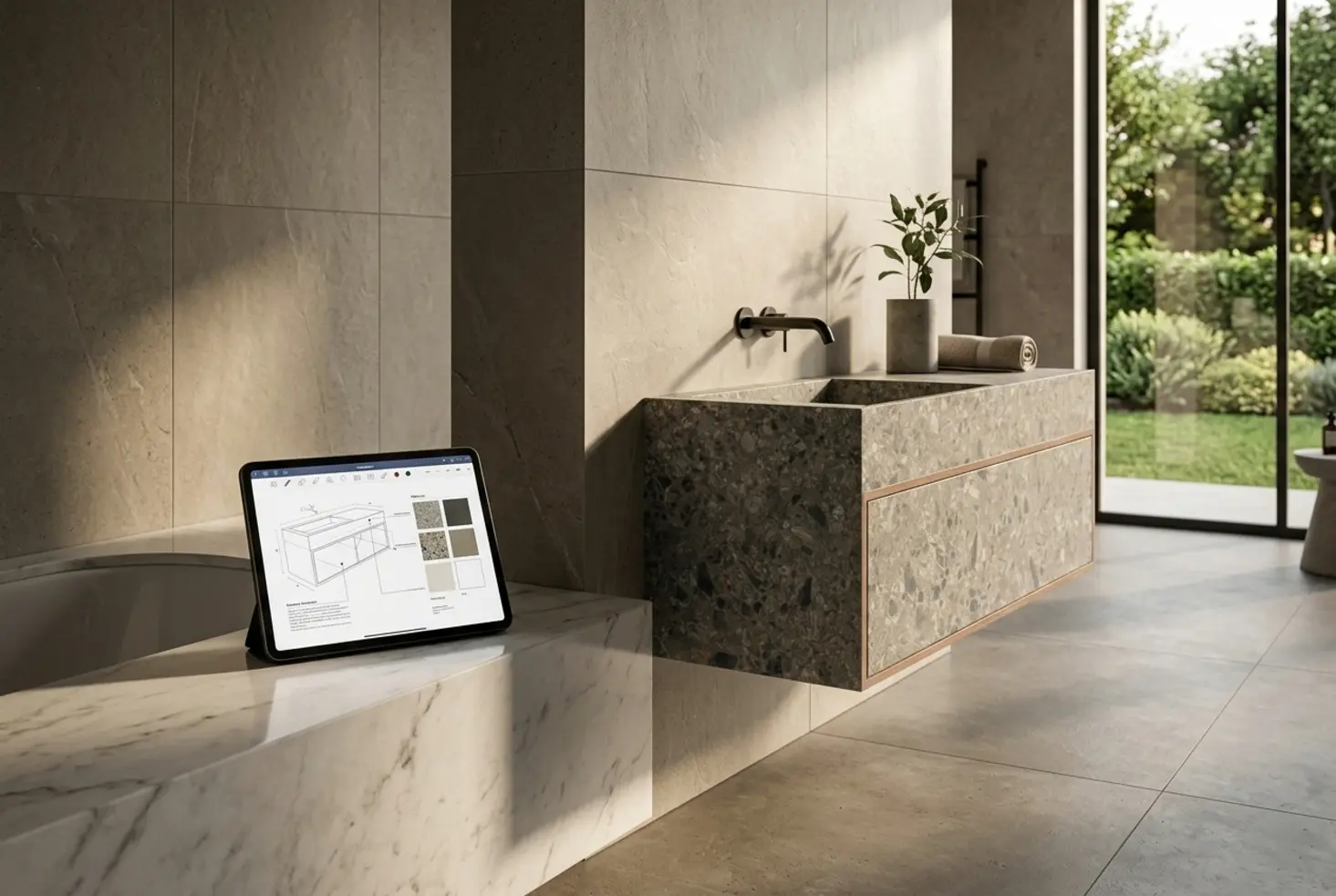 Tablet mostrando un proyecto de diseño de baño online junto a un lavabo moderno de terrazo