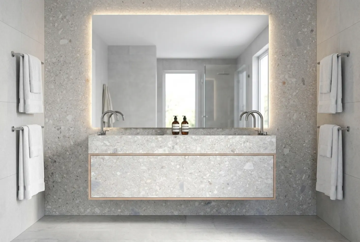 Encimera de baño amplia para lavabo de doble seno en suite principal