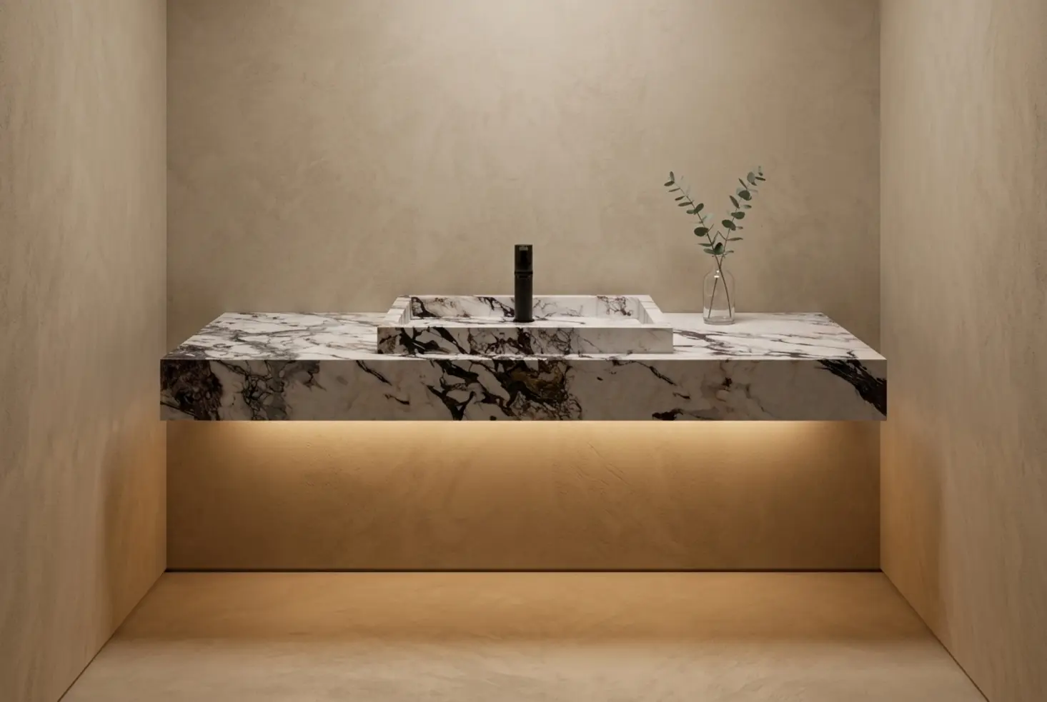 Lavabo suspendido en baño de estilo minimalista y zen