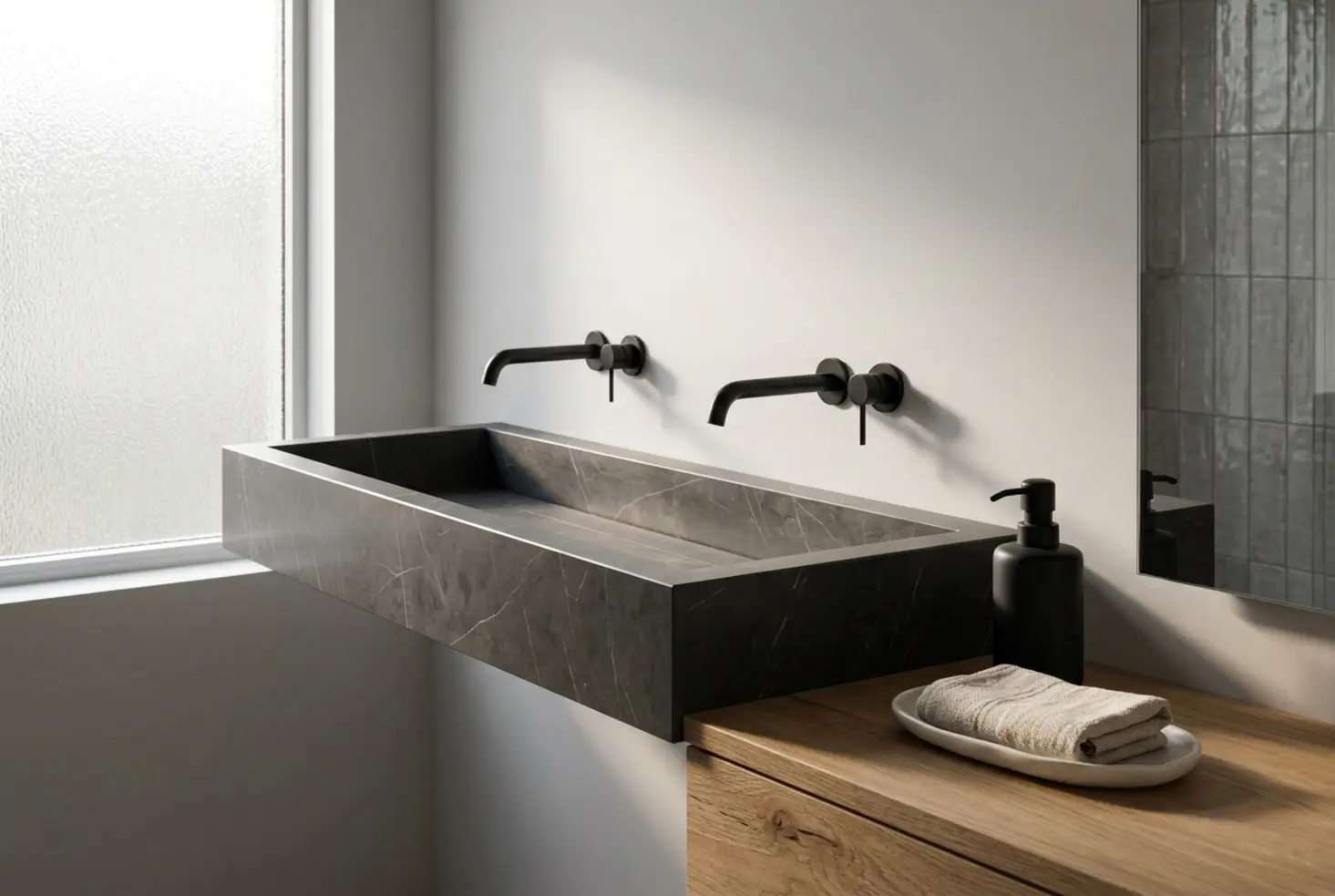 Lavabo doble de mármol negro veteado con grifos de pared negros en un baño minimalista