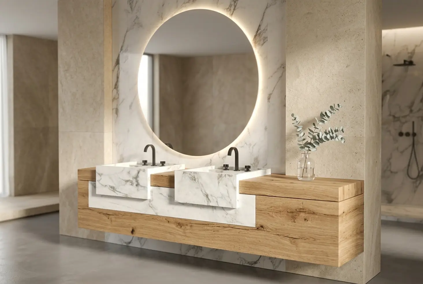 Pareja de lavabos de mármol blanco integrados en mueble de madera con espejo circular retroiluminado