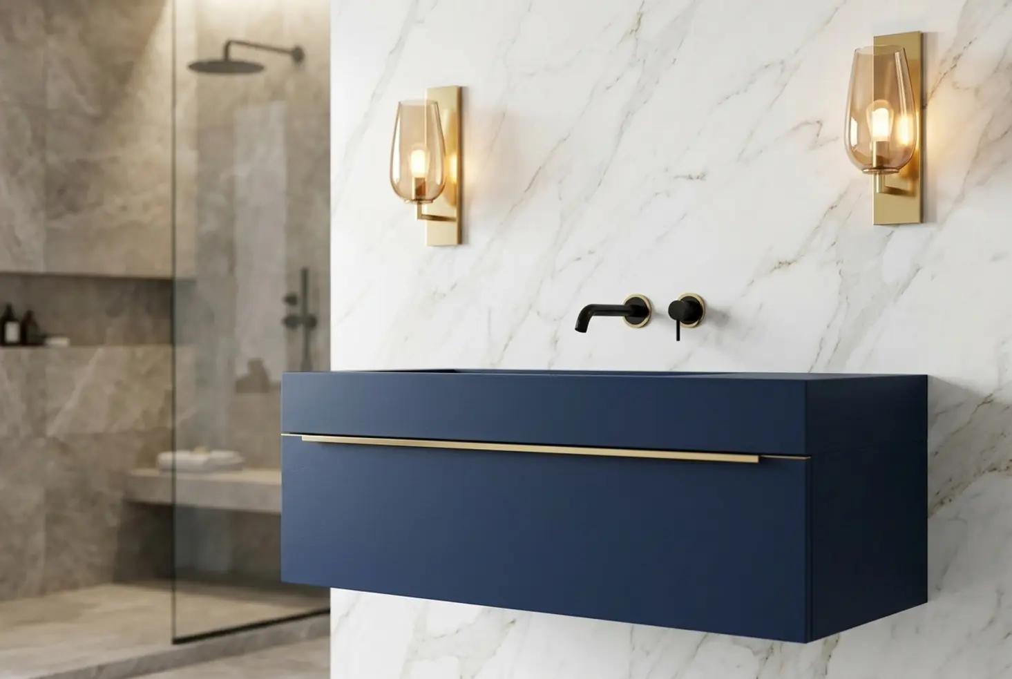 Mueble de baño moderno con lavabo integrado y acabados de lujo