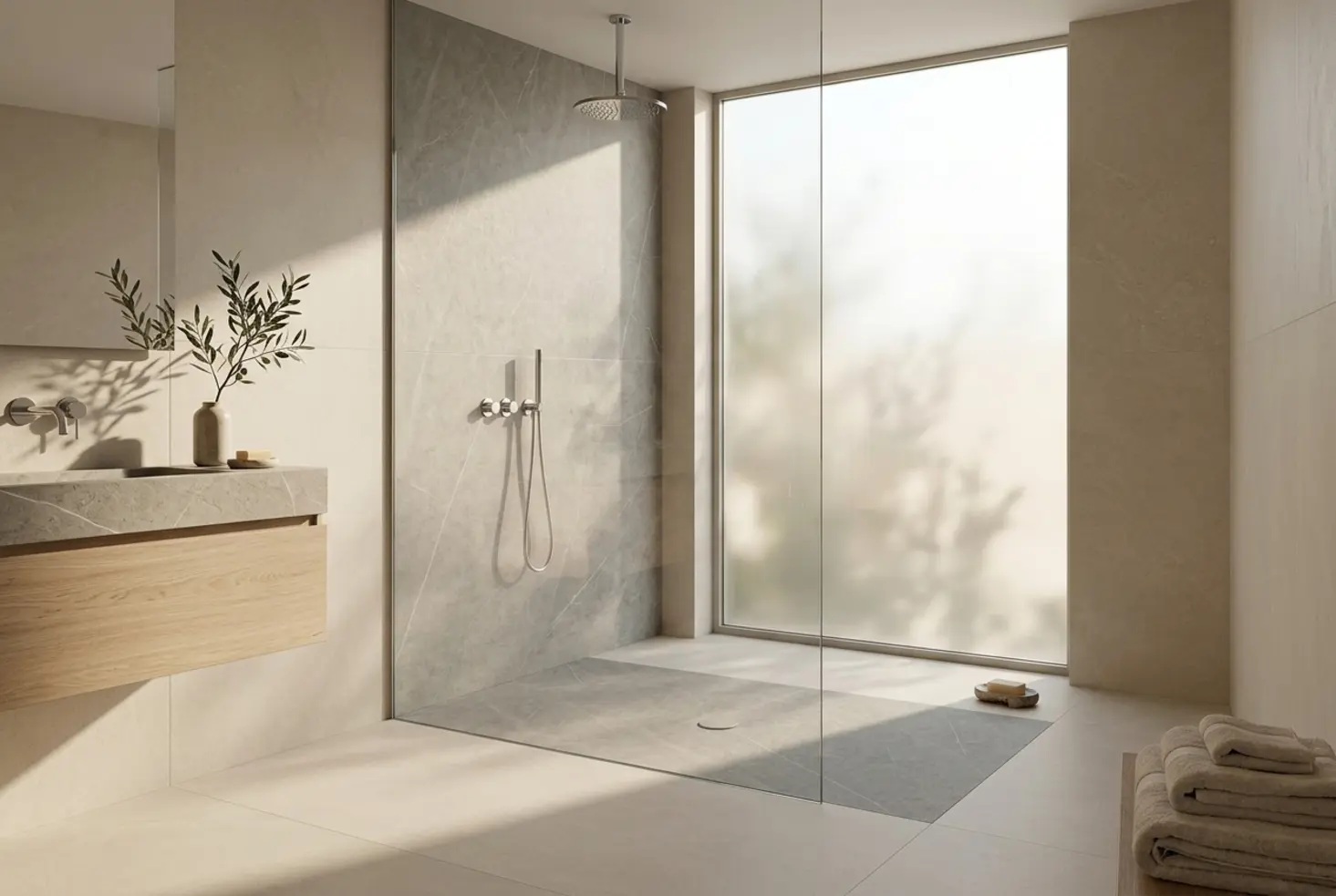 Mampara de ducha de cristal fijo en un baño moderno con acabados de piedra y luz natural