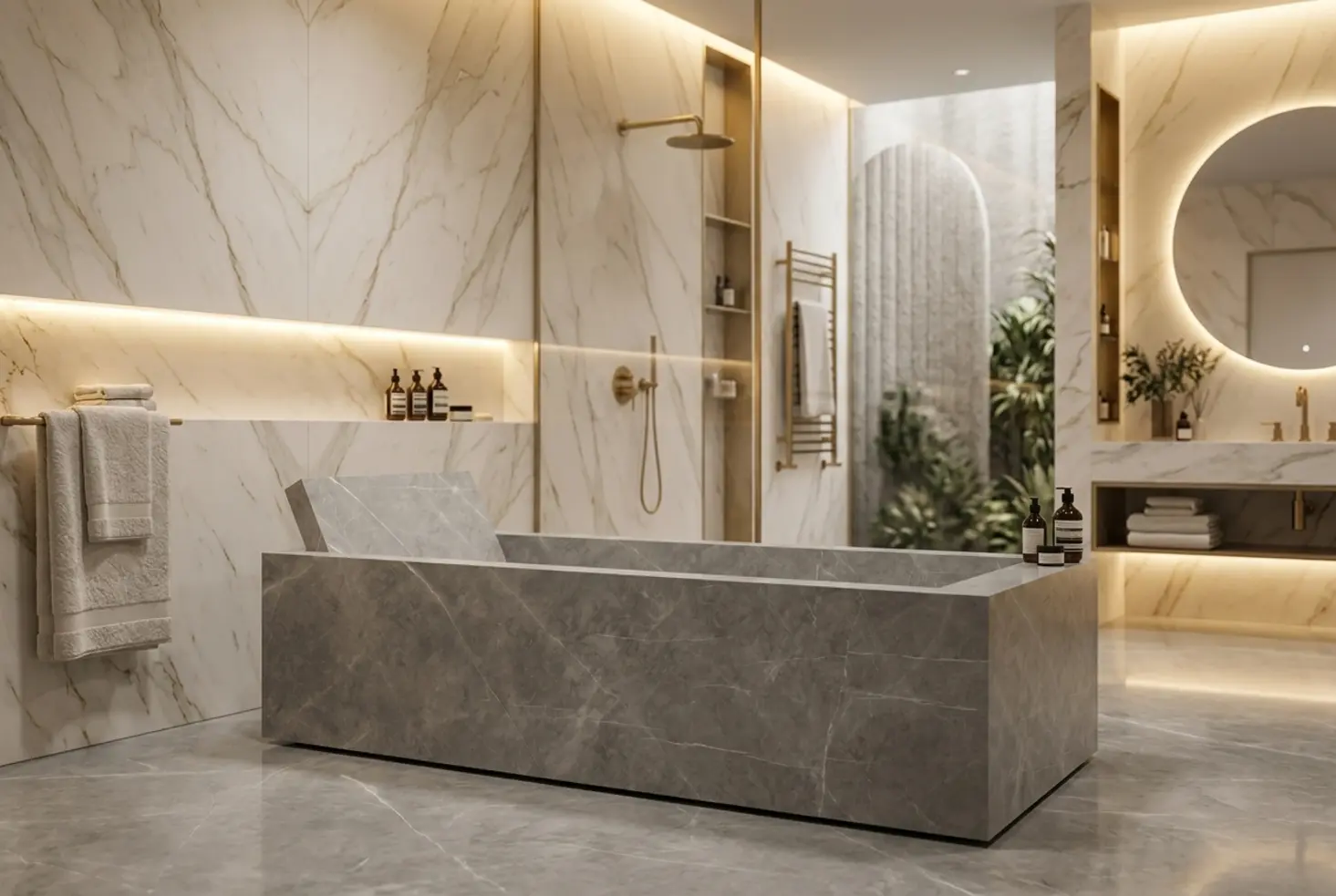 Baño de lujo tipo spa con mármol y detalles dorados de alta gama