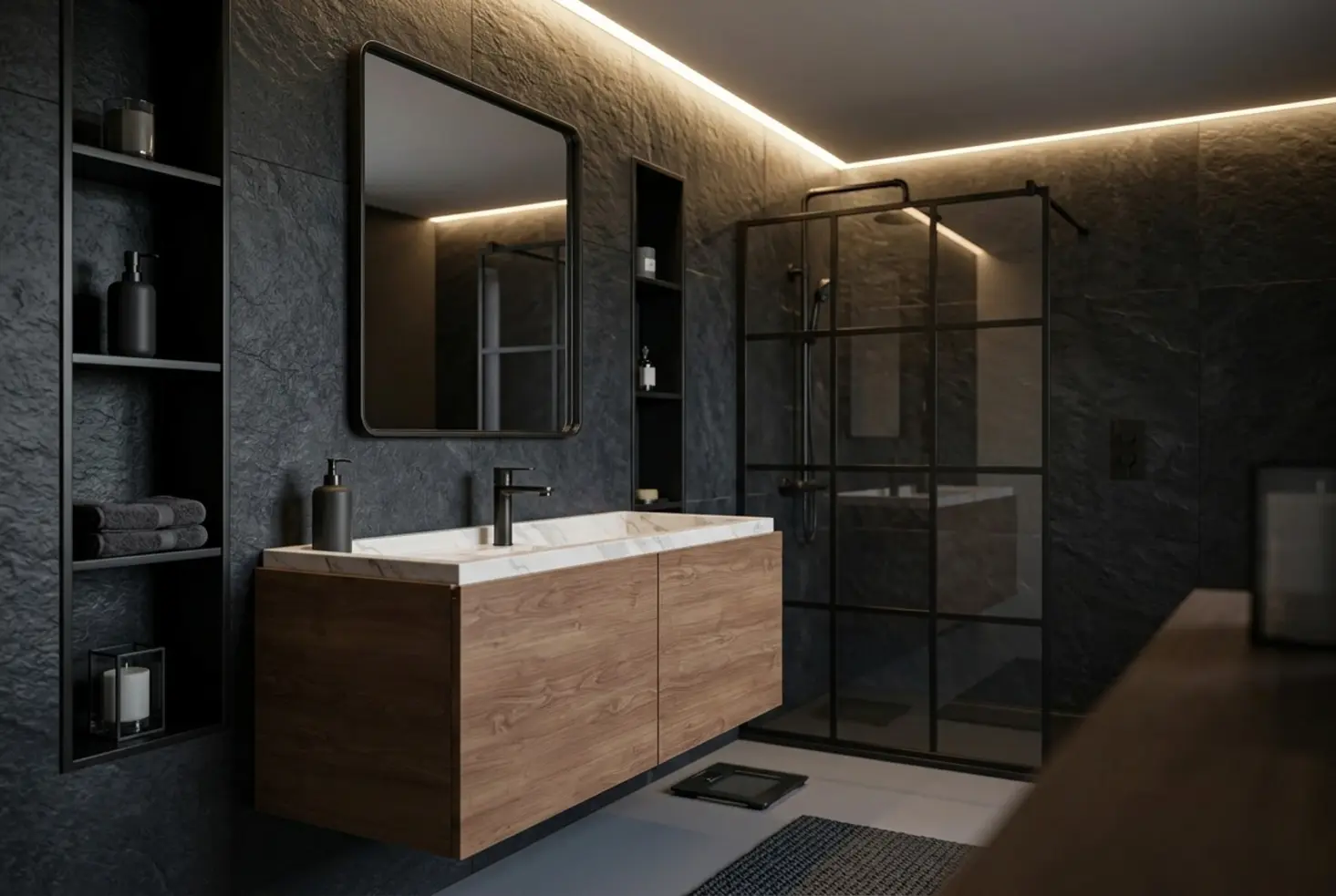 Ambiente de baño estilo industrial con acabados en negro mate y texturas oscuras