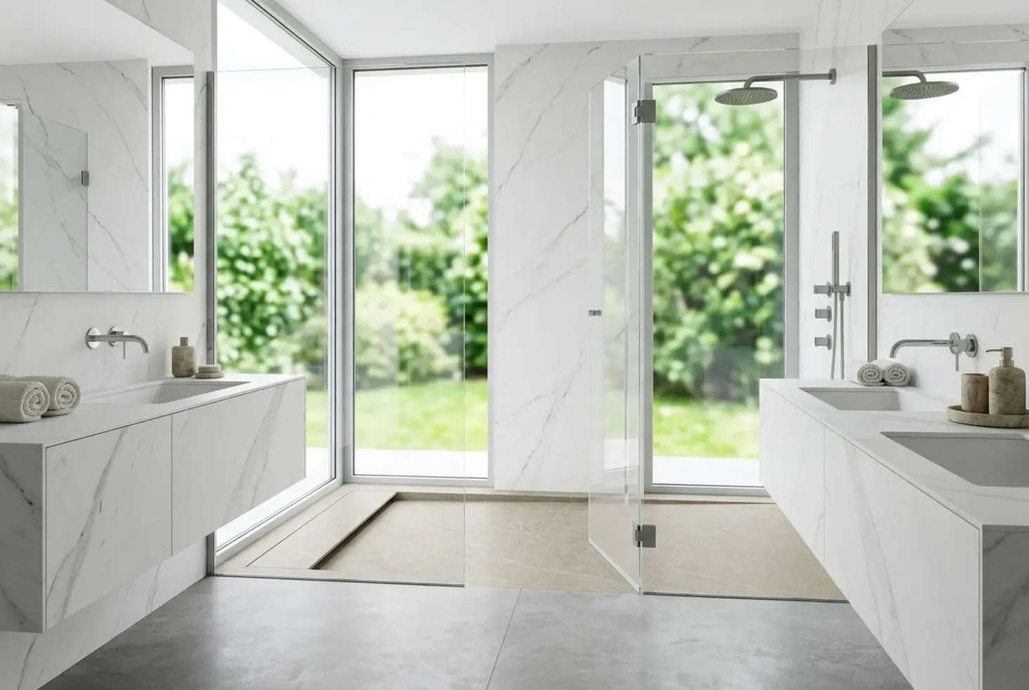 Reforma de baño contemporánea con iluminación natural y materiales premium