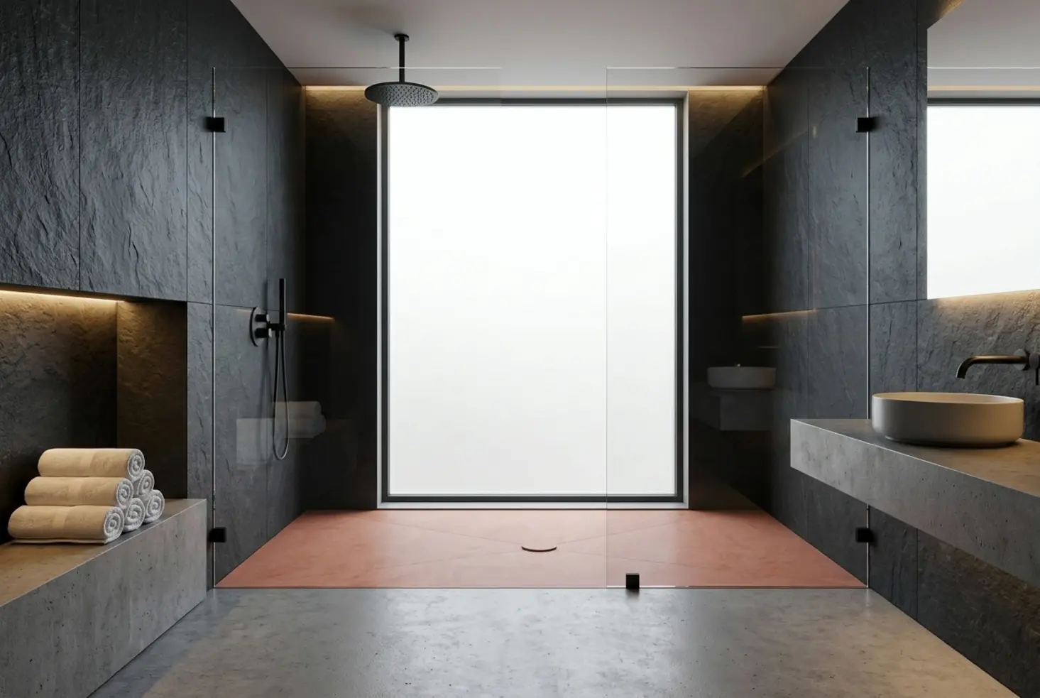 Plato de ducha extraplano en color terracota integrado en un baño moderno con paredes de pizarra oscura, estilo Leroy Merlin.