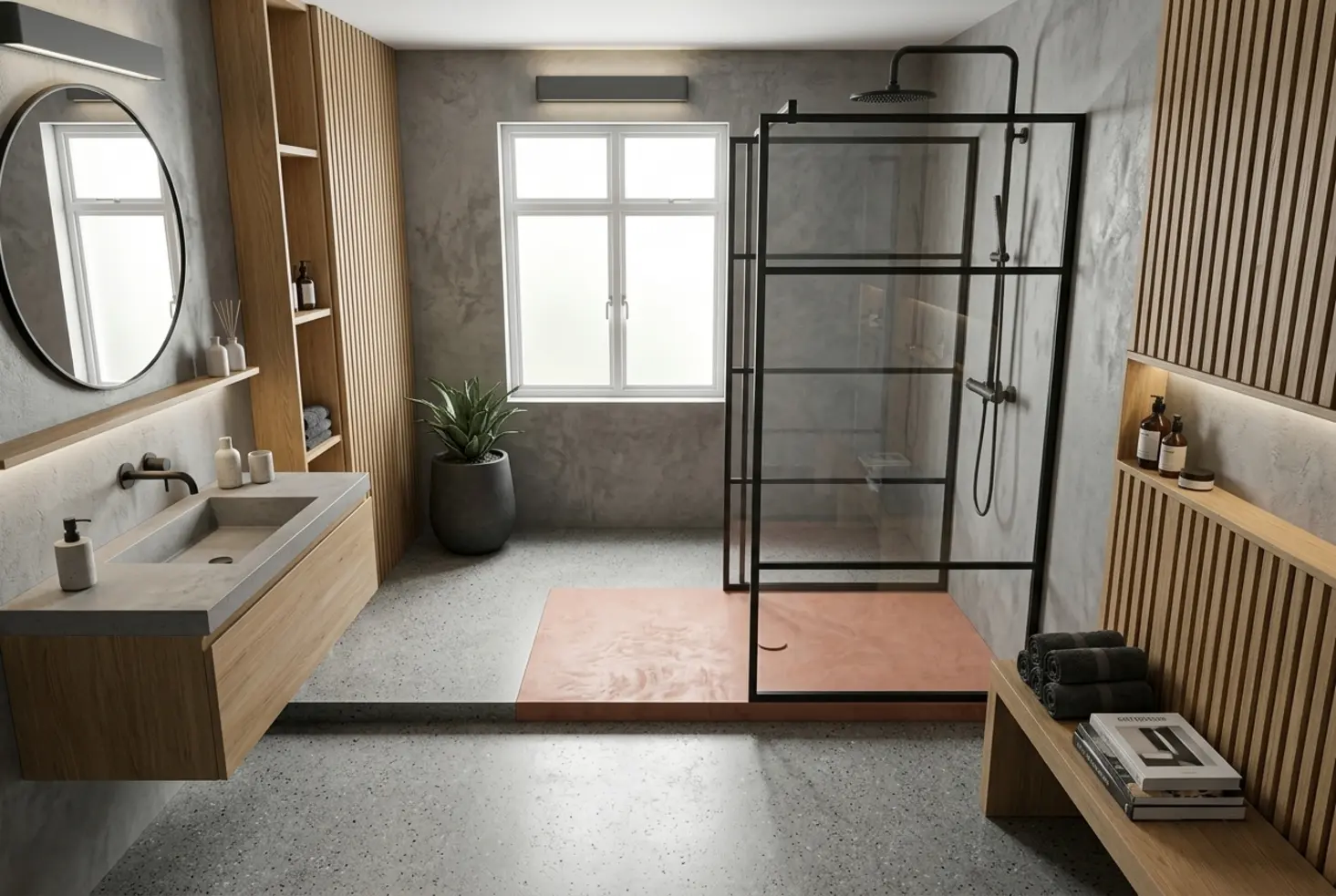 Reforma de baño con plato de ducha moderno combinando texturas de microcemento y madera clara.