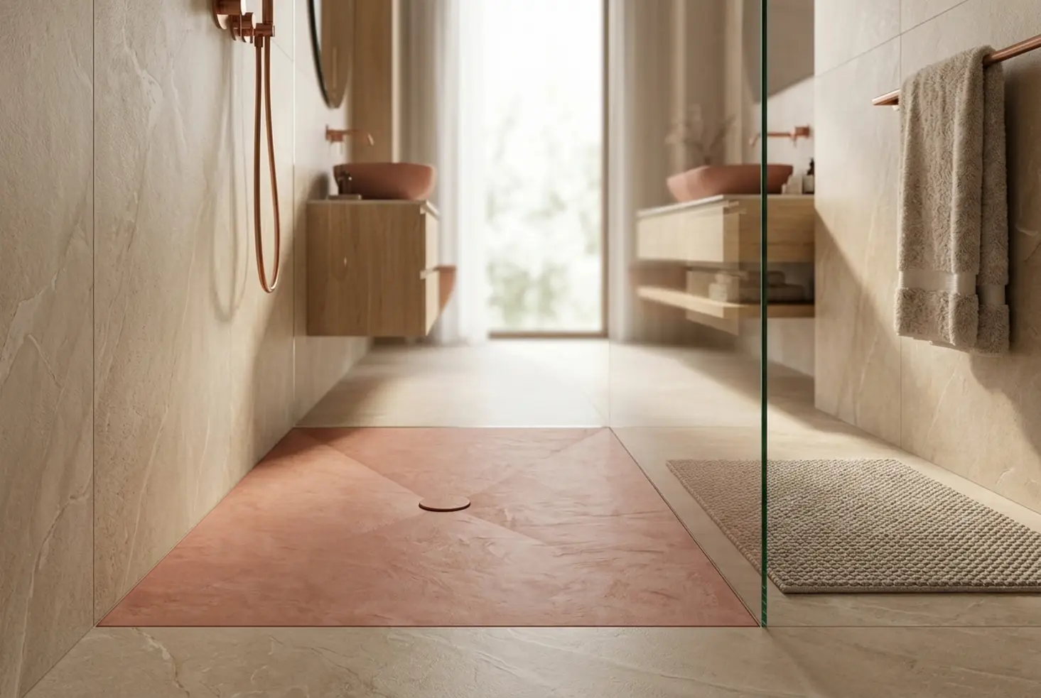 Zona de ducha de lujo con materiales de tacto cálido y mampara de cristal en un ambiente de suite de diseño.