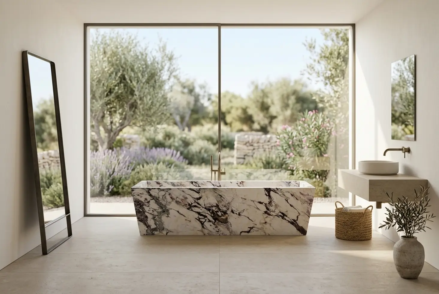 Bañera con hidromasaje de mármol veteado en un baño minimalista con vistas al jardín