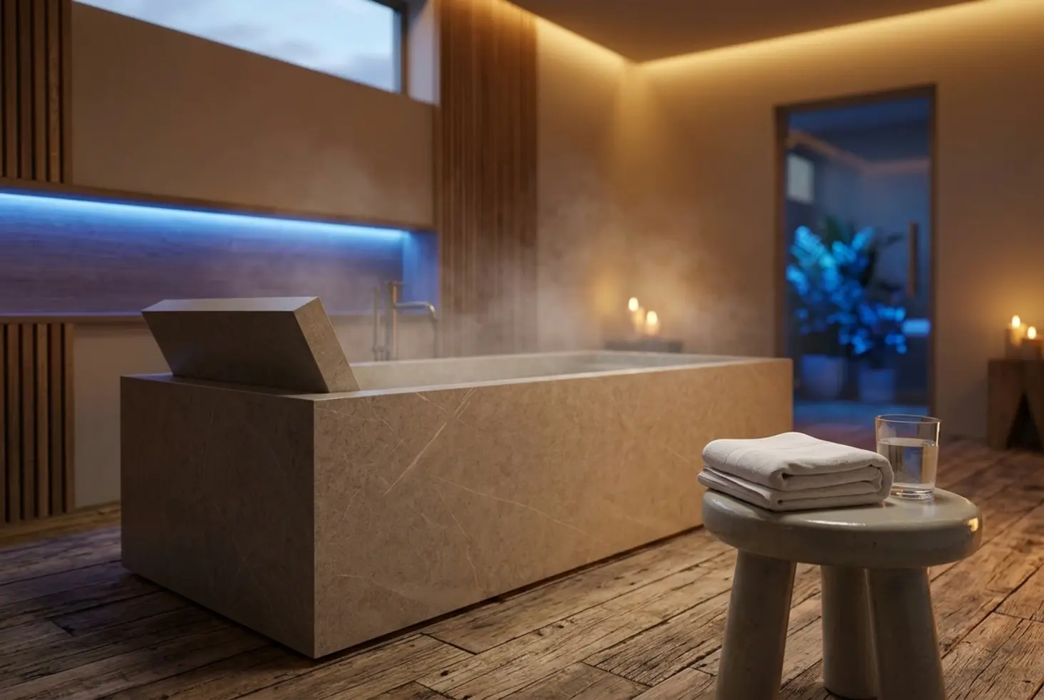Zona de relax íntima con luz cálida y detalles de spa para el bienestar personal.