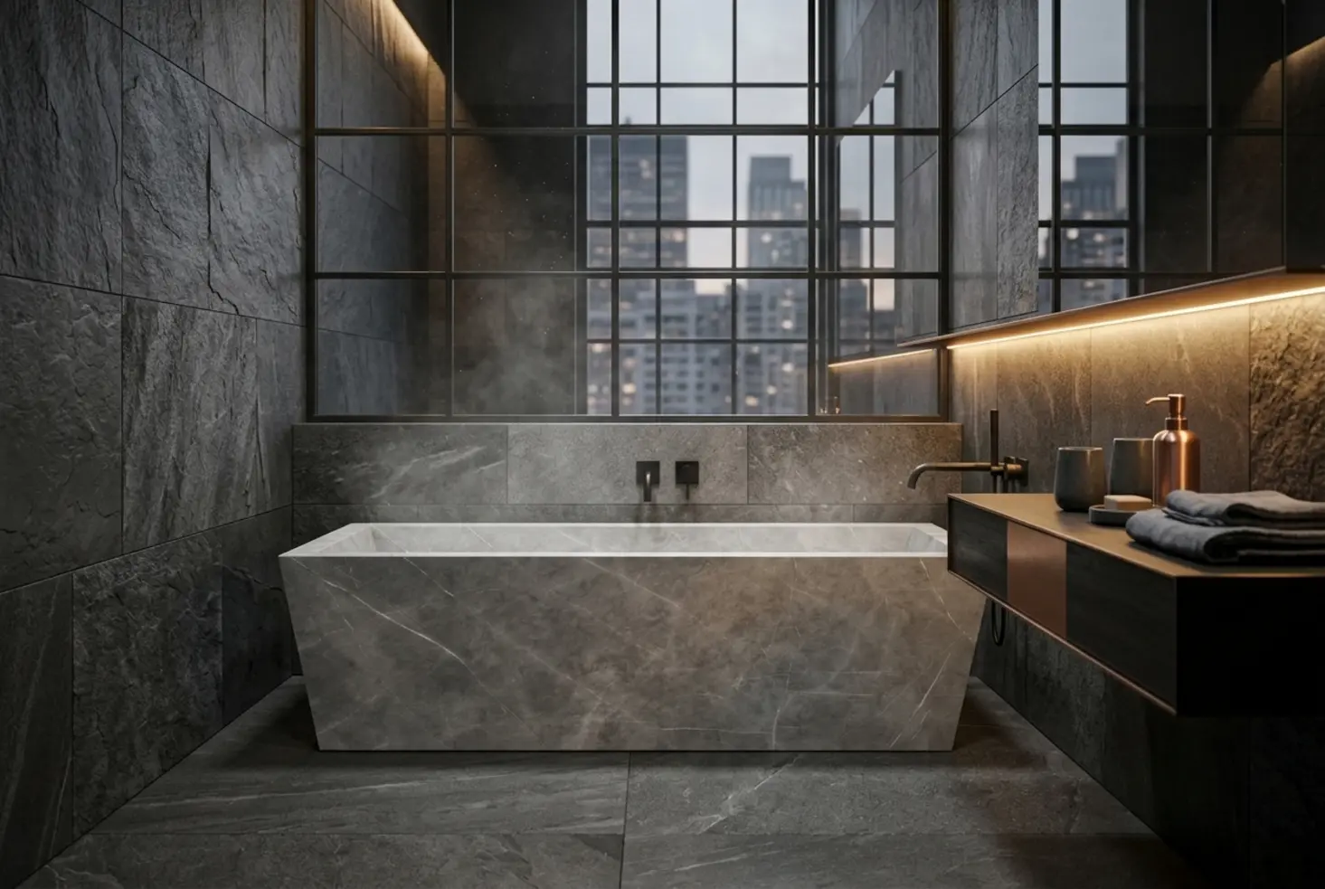 Ambiente de baño moderno con paredes de piedra oscura e iluminación LED elegante.