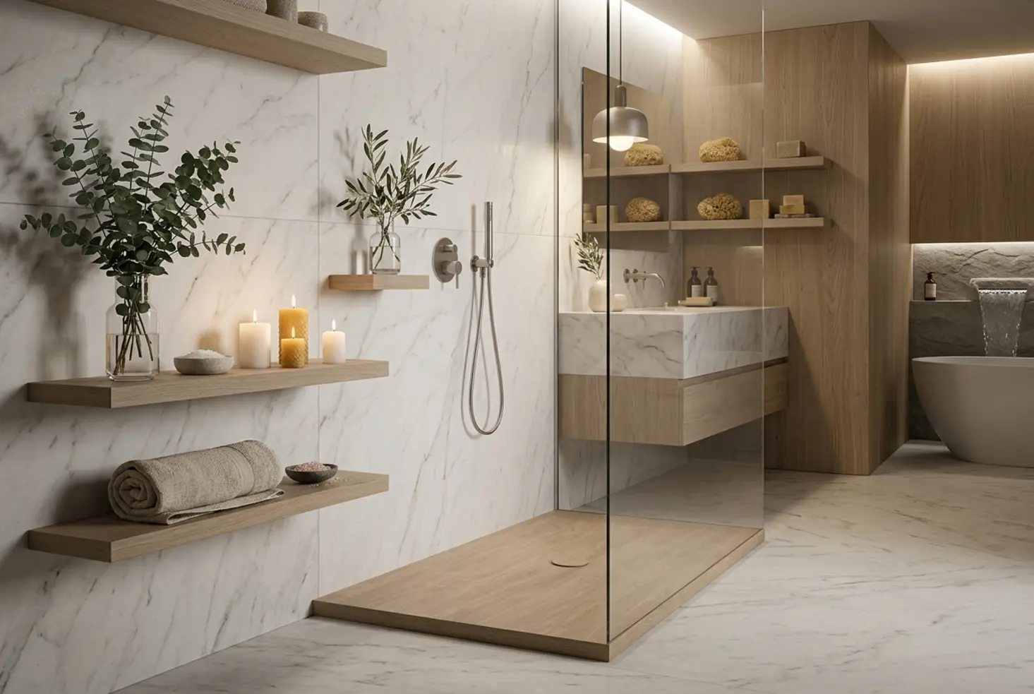 Zona de baño relajante con estética de spa, mármol y elementos naturales.