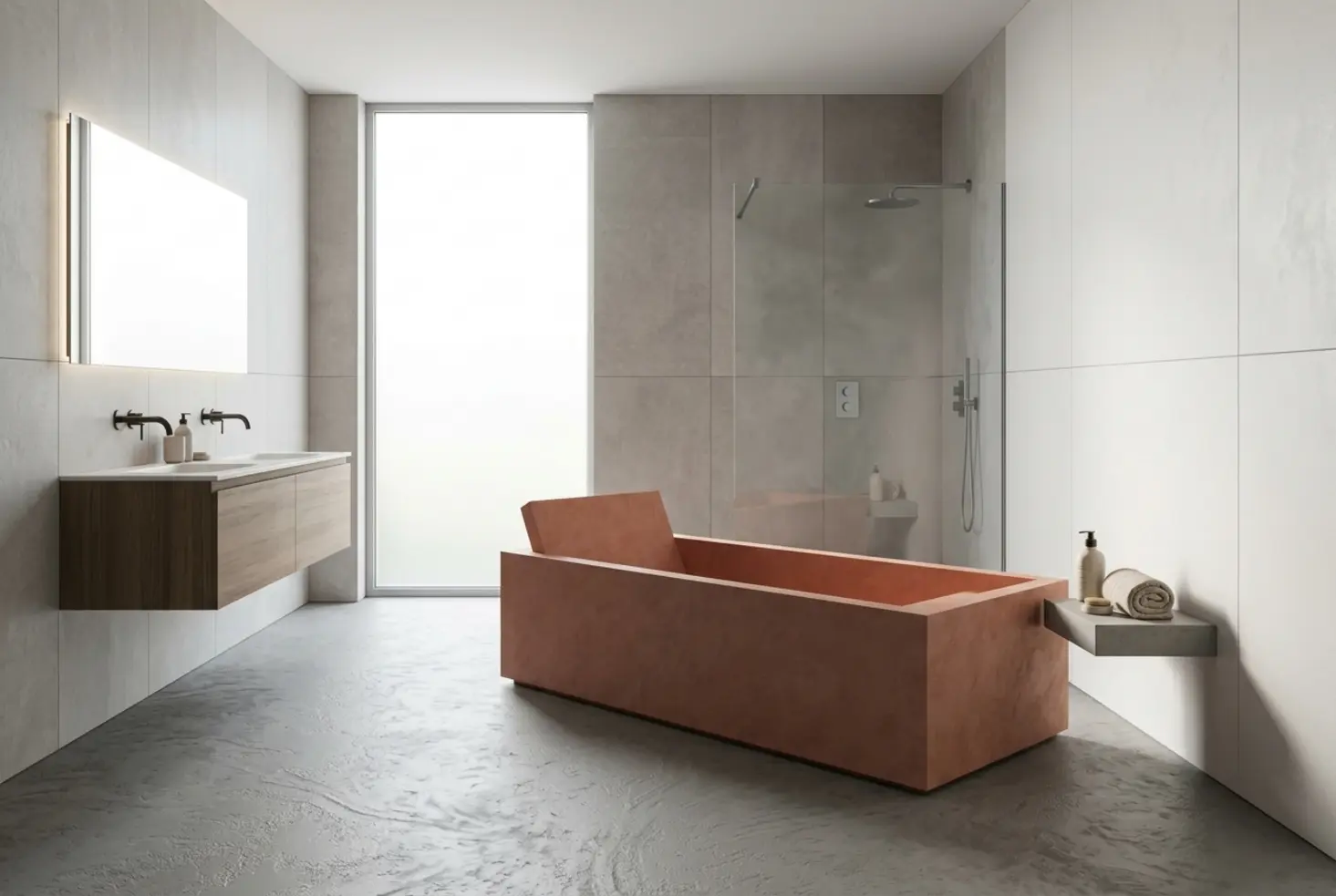 Diseño de baño moderno con bañera exenta rectangular color terracota y zona de ducha integrada, perfecto para el concepto de bañera y ducha 2 en 1.