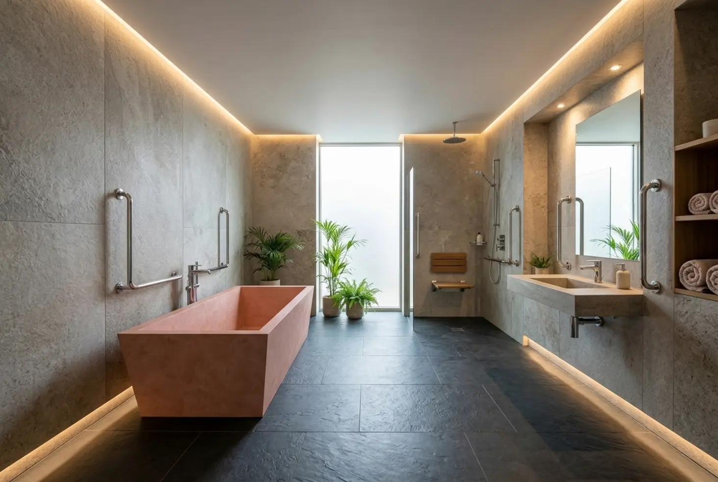 Espacio de baño accesible con acabados premium y suelo antideslizante de seguridad.