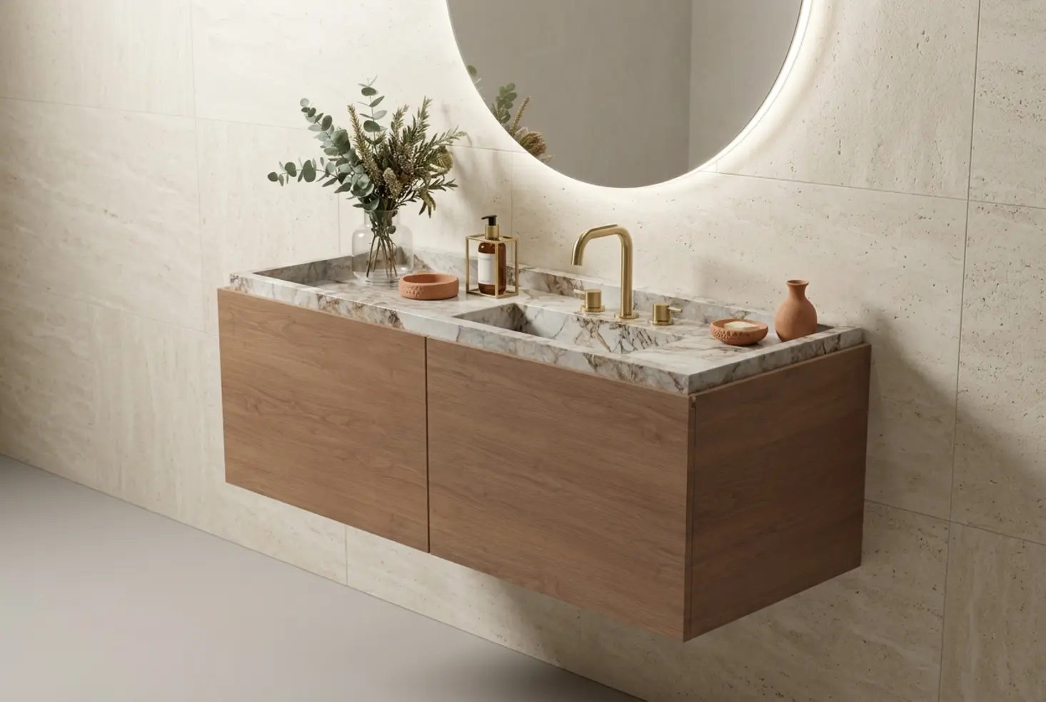 Mueble de lavabo suspendido en madera con espejo retroiluminado y grifería en oro cepillado