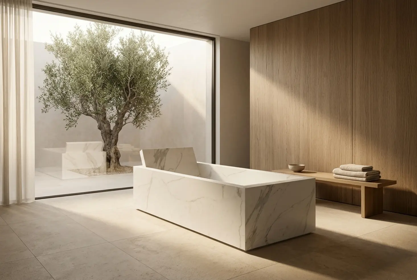 Bañera rectangular de mármol blanco en un baño moderno con paneles de madera y vistas a un jardín interior