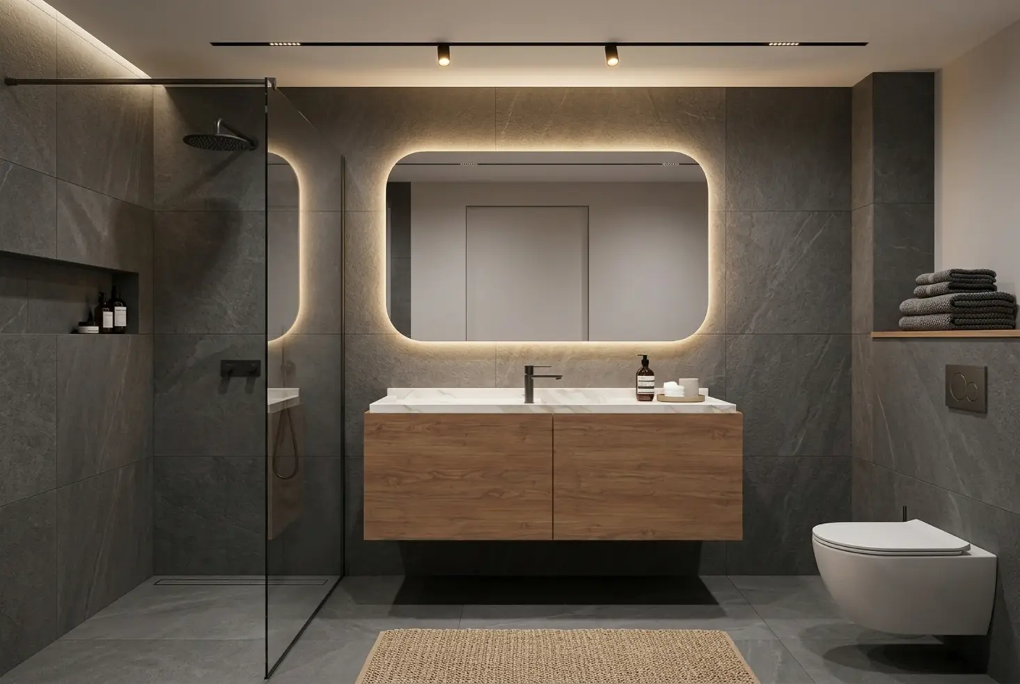 Diseño integral de baño moderno con materiales de alta gama y mobiliario elegante.