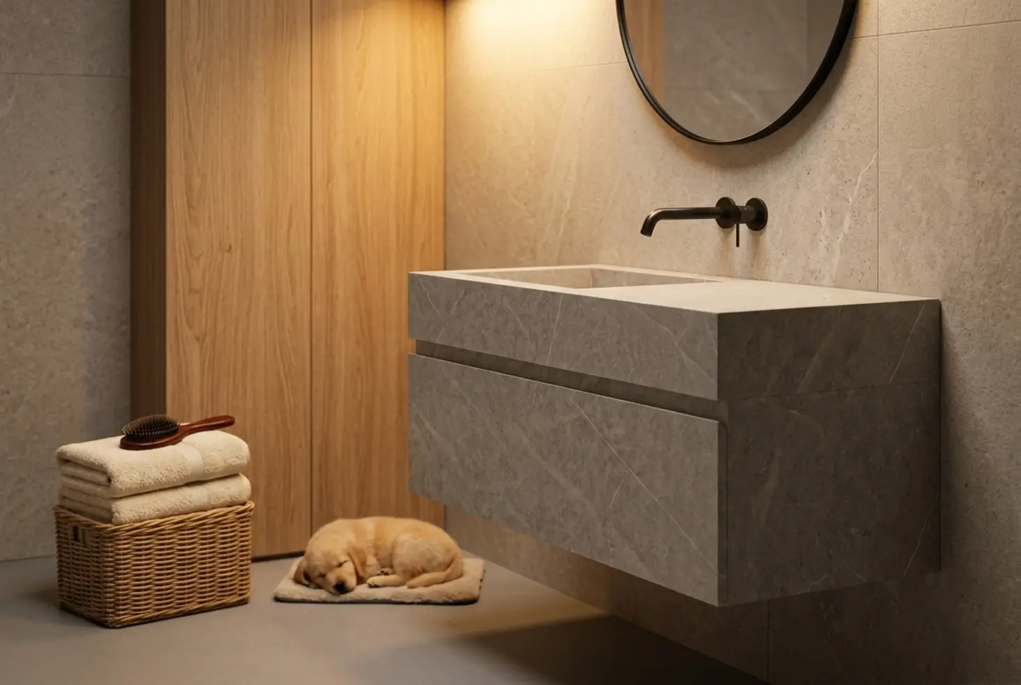Mueble de lavabo de diseño en baño moderno con materiales resistentes a arañazos de mascotas