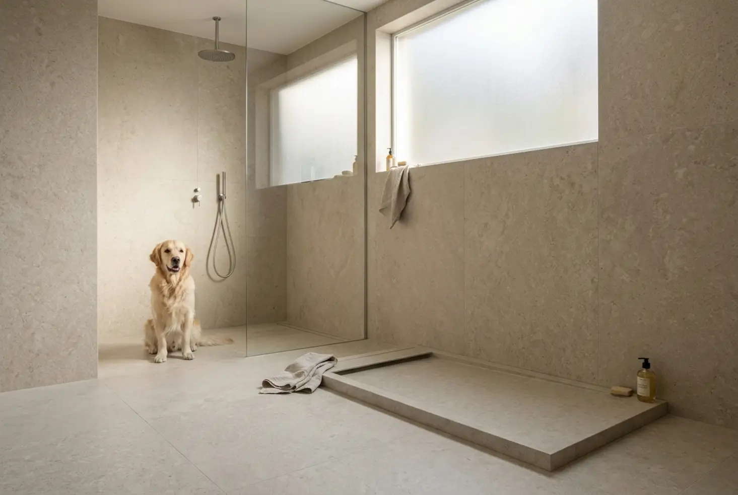 Perro Golden Retriever en una ducha moderna diseñada para adaptar el baño a las mascotas