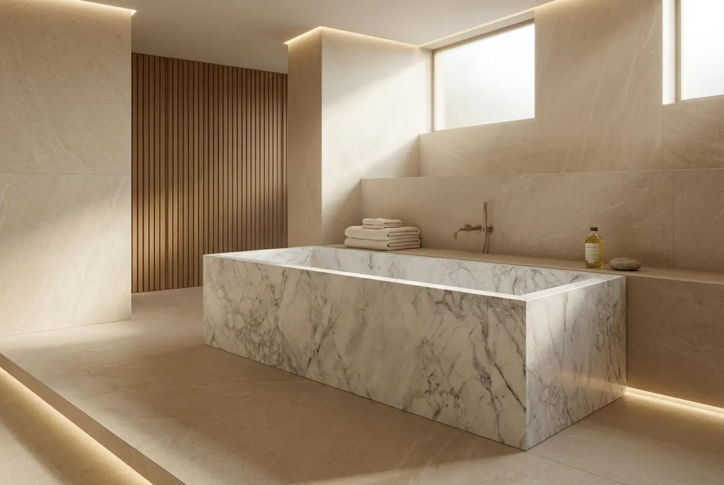Diseño de baños modernos con bañera rectangular de mármol blanco y paredes de piedra beige en ambiente minimalista