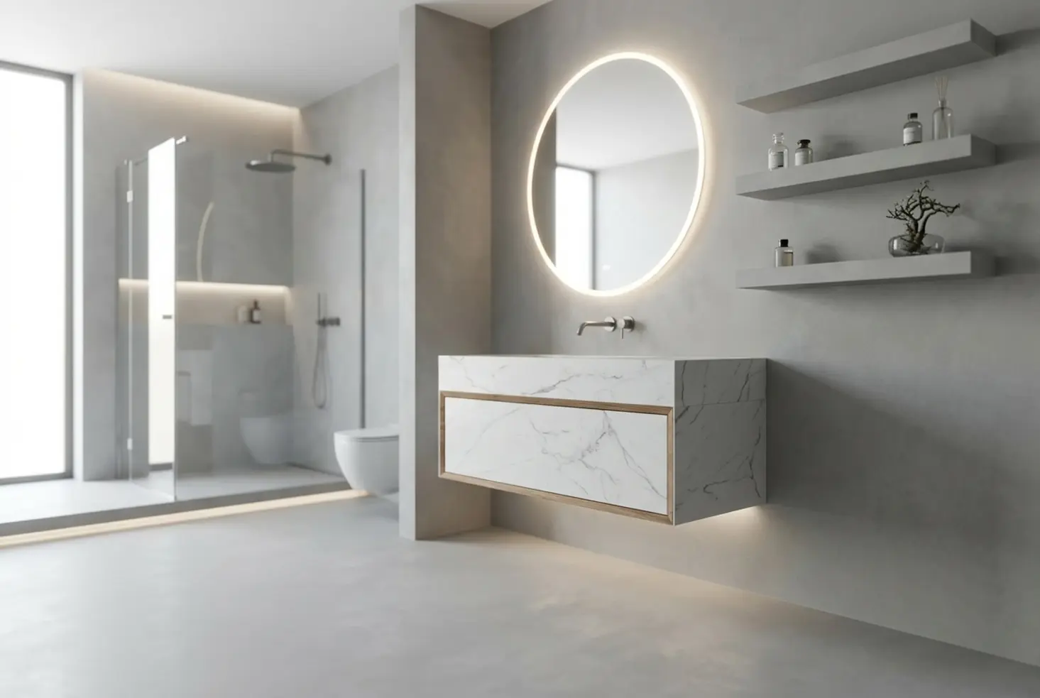 Diseño de baño minimalista con mueble suspendido y espejo LED retroiluminado