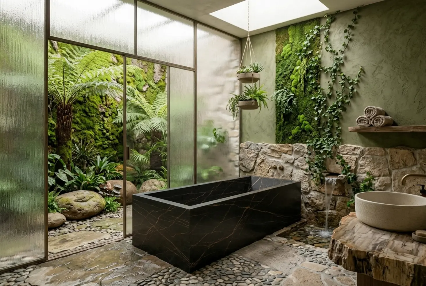 Baño con diseño biofílico integrado y elementos naturales