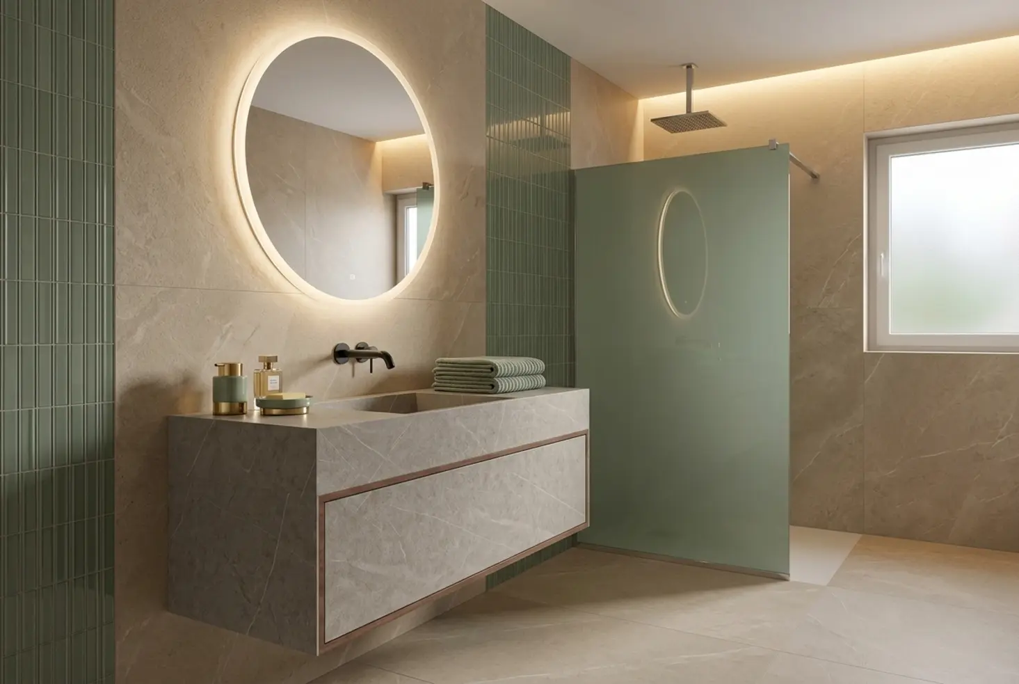 Baño contemporáneo con estética atemporal y materiales duraderos