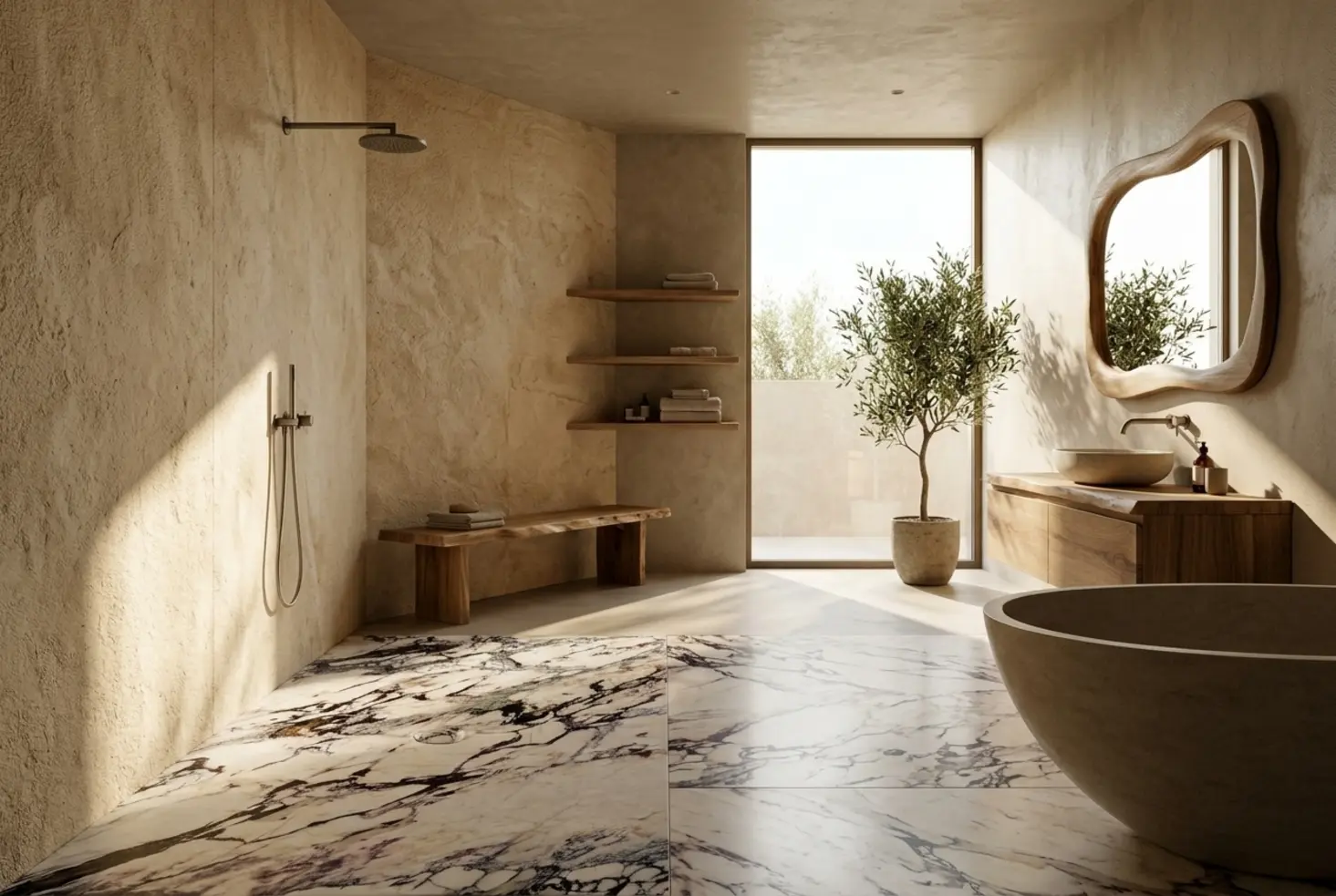 Cuarto de baño de lujo con diseño interiores 2026, texturas naturales, mármol y estilo minimalista orgánico