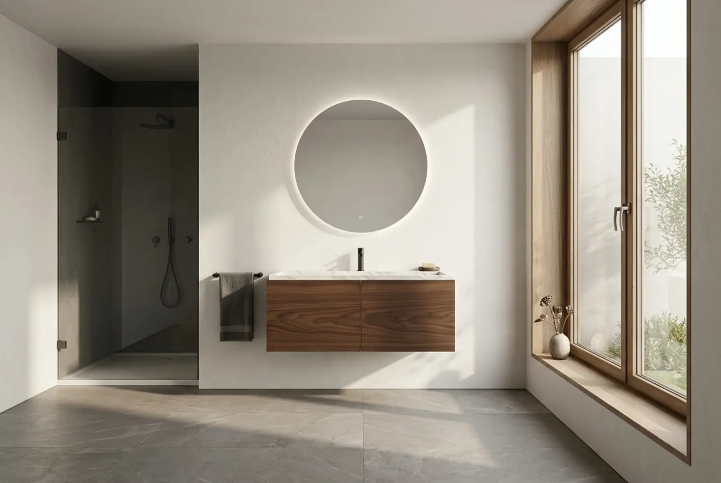 Lavabo con encimera de madera flotante en un cuarto de baño moderno y luminoso