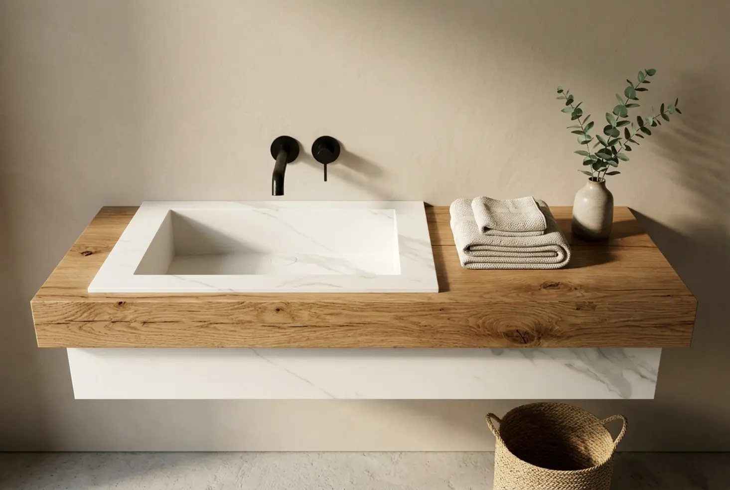 Lavabo de estilo zen sobre encimera de madera natural en ambiente de spa
