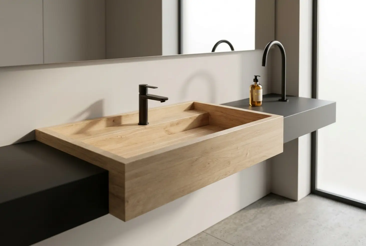 Lavabo sobre encimera rectangular de madera con grifo negro mate en baño moderno