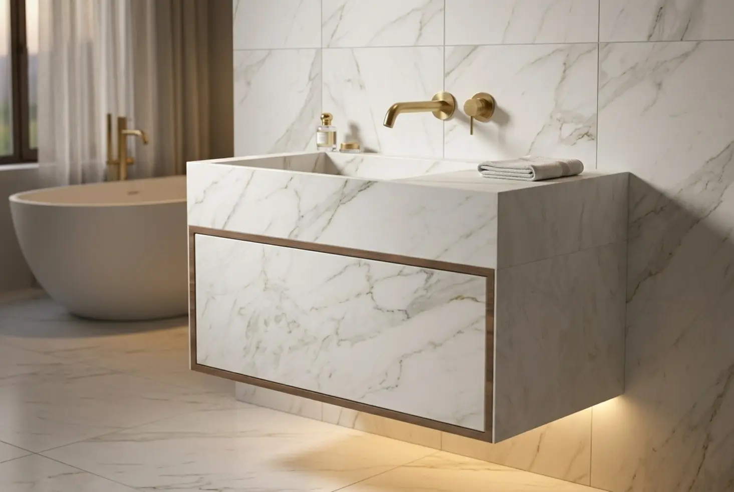 Lavabo sobre encimera integrado en mueble de porcelánico efecto mármol de alta gama