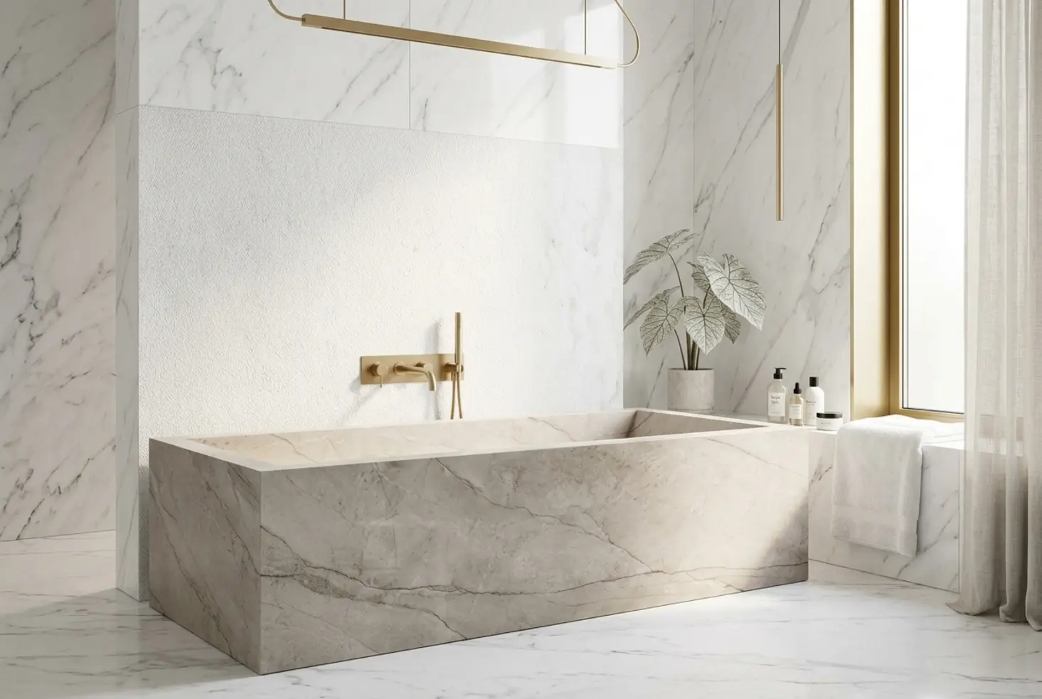 Espacio de baño de lujo con acabados en mármol y detalles en oro cepillado