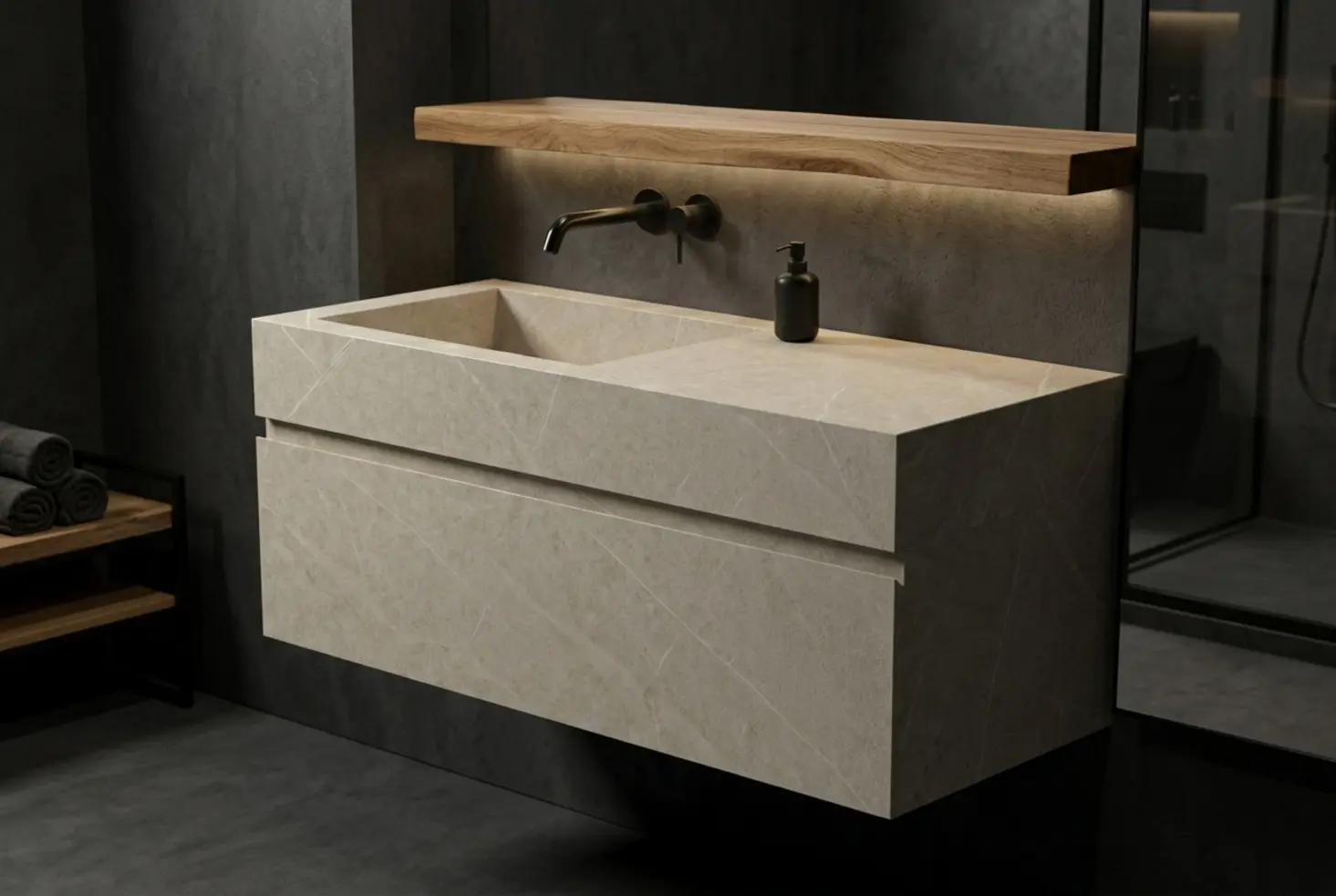Baño de estilo industrial con acabados en negro mate y madera natural