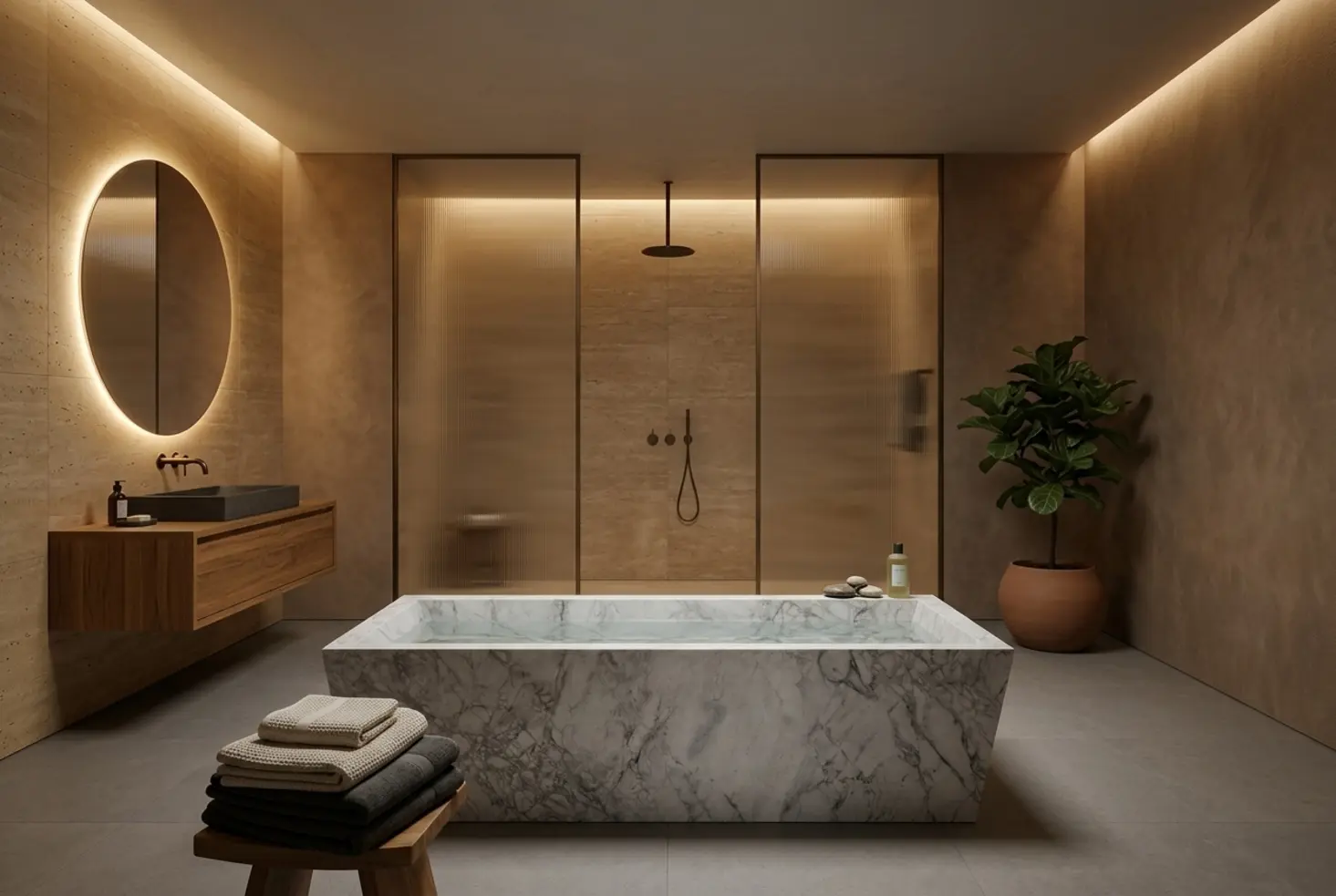 Baño tipo spa con ambiente cálido y contemporáneo