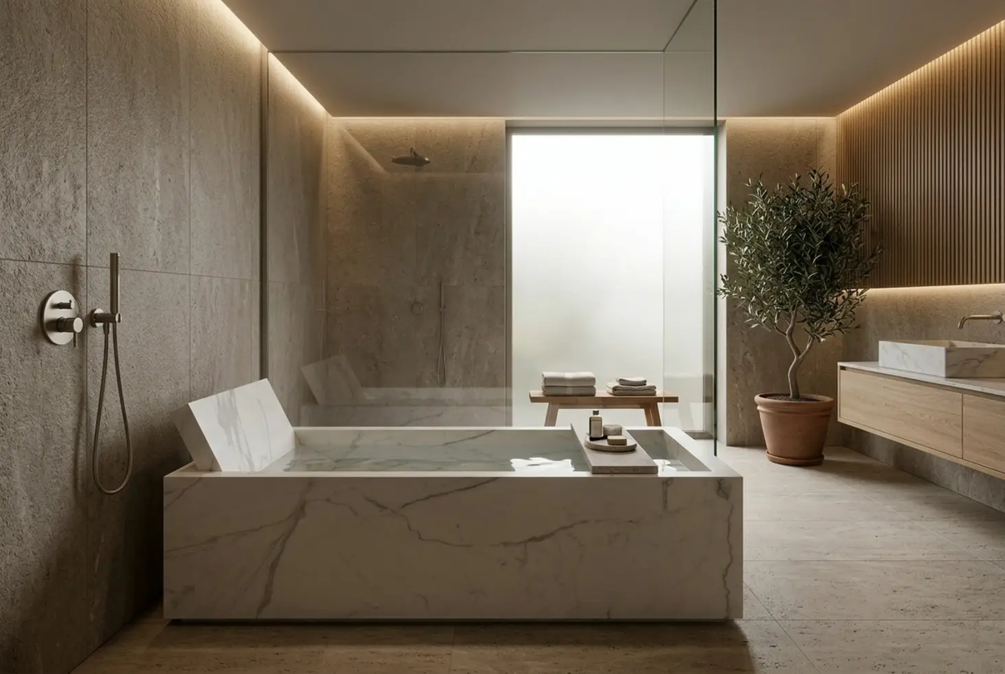 Baño amplio de estilo spa con reforma de alta gama