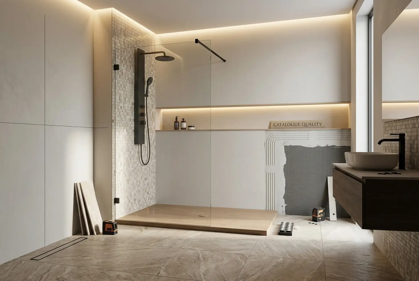 Baño contemporáneo con materiales premium y diseño profesional